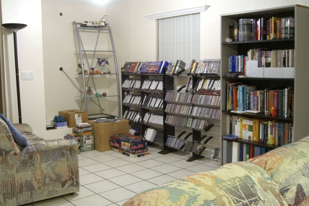 The library, with a few of its toys, and plenty of VHS tapes, and even some DVD-R disks. And books, too.